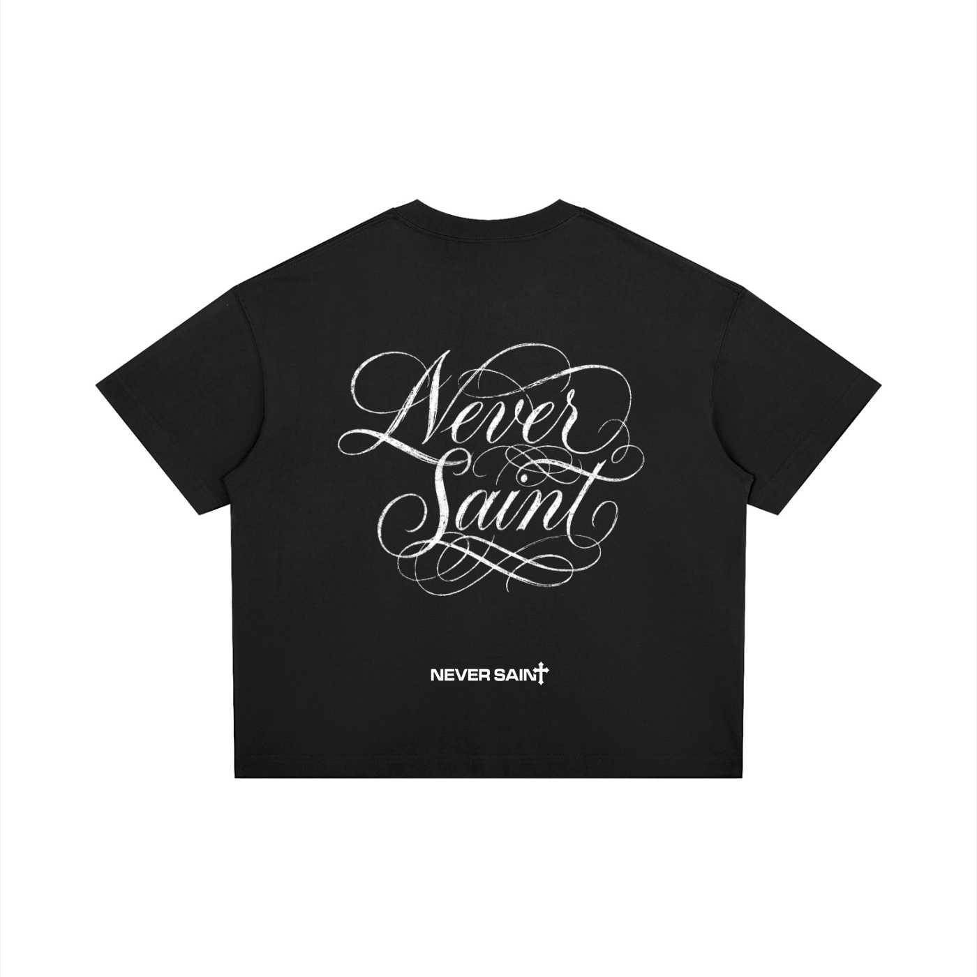 "NEVER SAINT" Unisex Boxy-Cropped T-Shirt