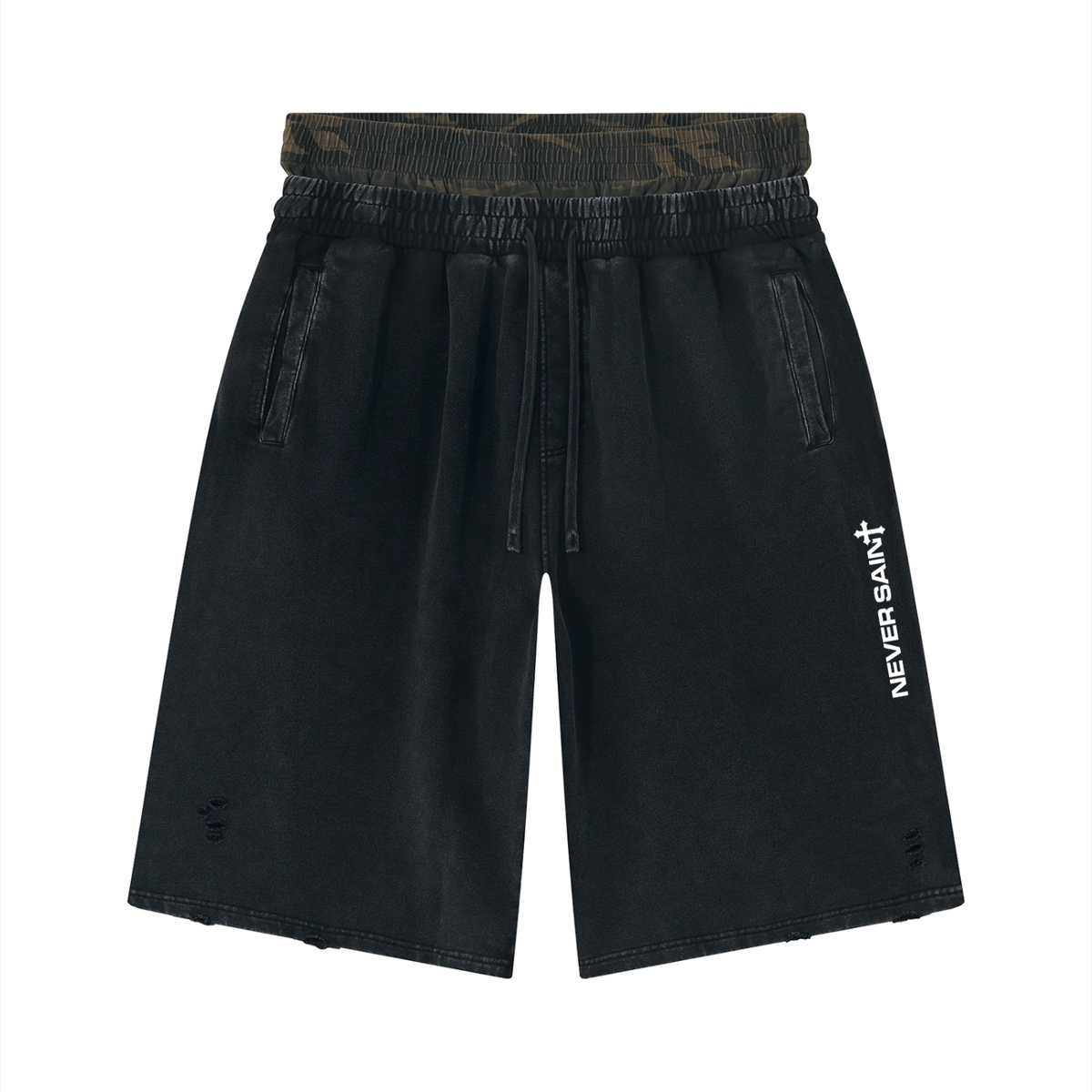 "Khaki Camo" Distressed Wide Leg Shorts